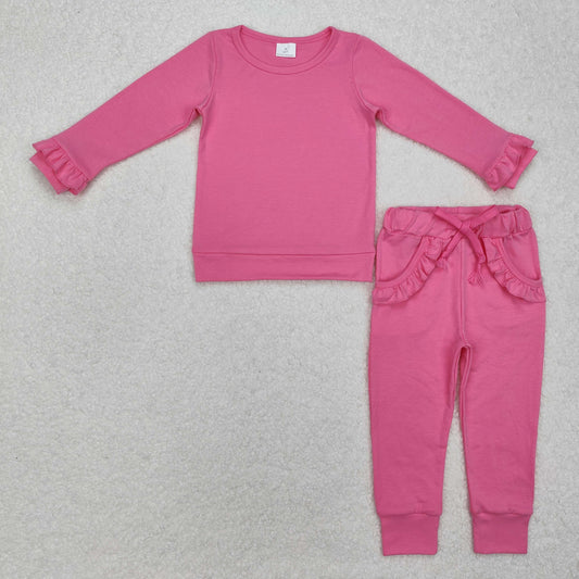 GLP2258 Hot Pink Color Ruffles Pockets Pants Girls Clothes Set