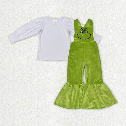 GLP2277  White Top Green Frog Face Embroidery Velvet Jumpsuits Girls Christmas Clothes Set