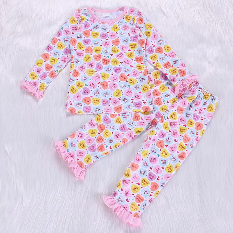 (Pre-order)GLP2287 Colorful Heart XOXO Print Girls Valentine's Day Pajamas Clothes Set