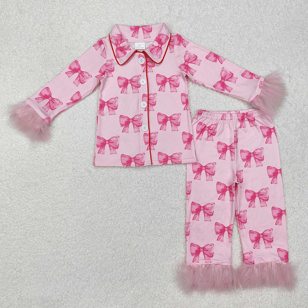 GLP2289 Bows Pink Print Girls Buttons Fur Pajamas Clothes Set