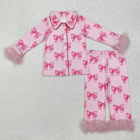 (Custom Design Preorder MOQ 5) Pink Bows Print Adult Pajamas Fur Buttons Clothes Set