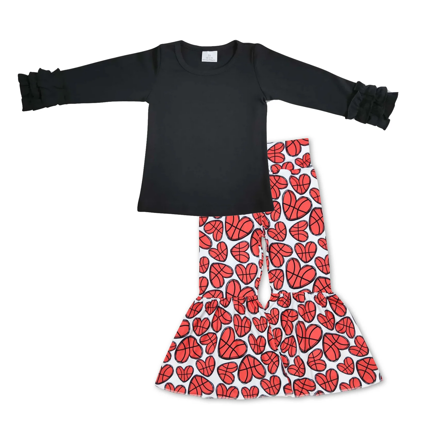 GLP2290 Black Top Heart Bell Pants Girls Valentine's Day Clothes Set