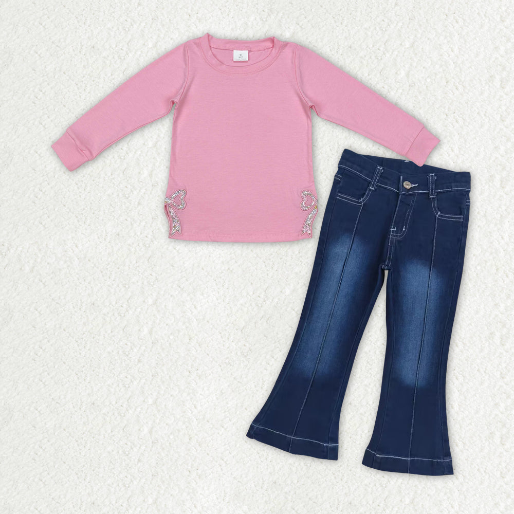 GLP2299 Flowers Bow Embroidery Pink Top Blue Denim Bell Jeans Girls Clothes Set