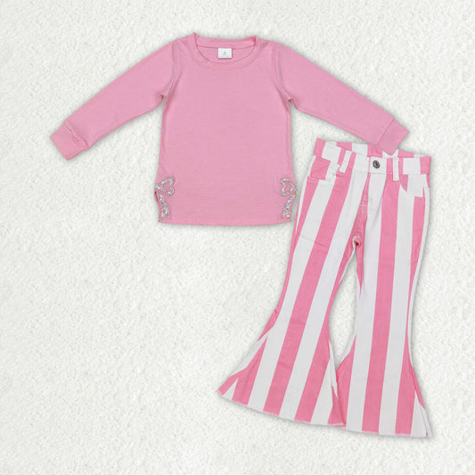 GLP2302 Flowers Bow Embroidery Pink Top Stripes Denim Bell Jeans Girls Clothes Set