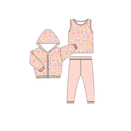 (Pre-order)GLP2310 Colorful Leopard Top Pink Pants Hoodie Jackets Girls 3 Pieces Clothes Set