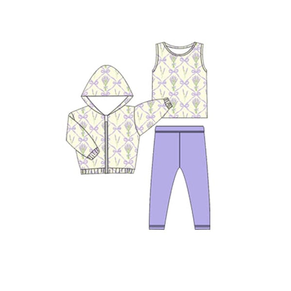 (Pre-order)GLP2311 Lavender Bows Top Purple Pants Hoodie Jackets Girls 3 Pieces Clothes Set