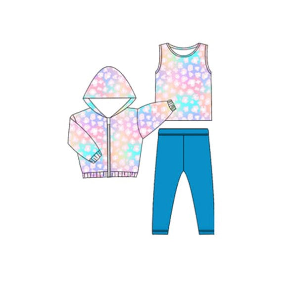 (Pre-order)GLP2312 Tie-dye Top Blue Pants Hoodie Jackets Girls 3 Pieces Clothes Set