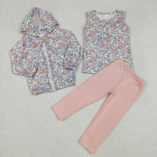 GLP2313 Pink Flowers Top Legging Pants Hoodie Jackets Girls 3 Pieces Clothes Set