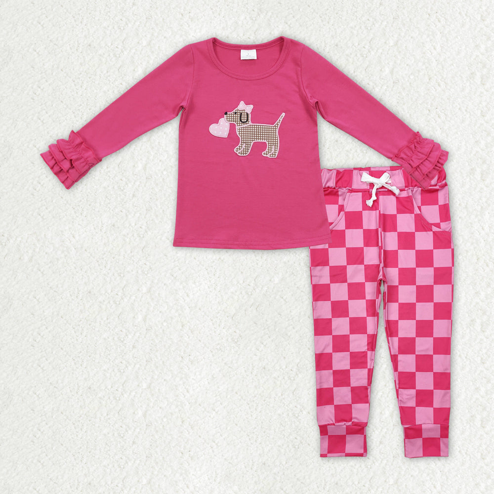 GLP2315 Dog Heart Embroidery Top Plaid Pants Girls Valentine's Day Clothes Set