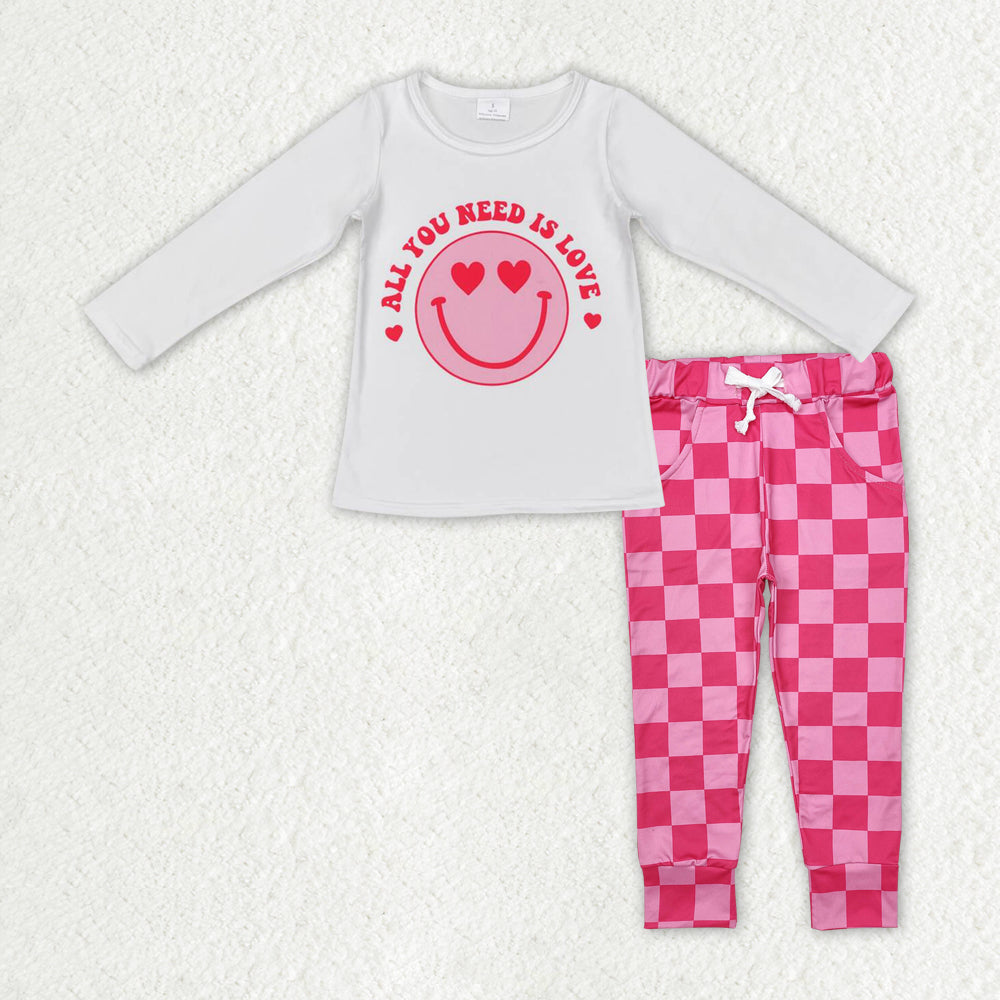 GLP2316 Smiling Face Top Plaid Pants Girls Valentine's Day Clothes Set