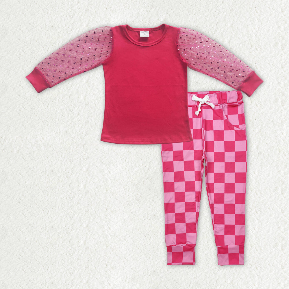 GLP2317 Hot Pink Tulle Top Plaid Pants Girls Clothes Set