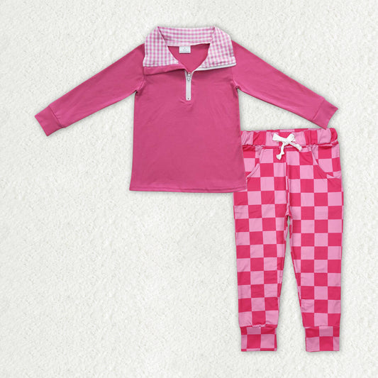 GLP2318 Hot Pink Zipper Pullover Top Plaid Pants Girls Clothes Set