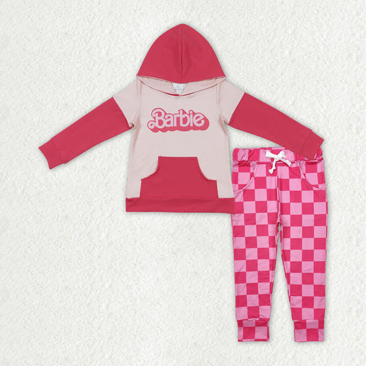 GLP2319 Pink BA Hoodie Top Plaid Pants Girls Clothes Set