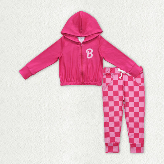 GLP2320 Pink BA Hoodie Zipper Jacket Top Plaid Pants Girls Clothes Set