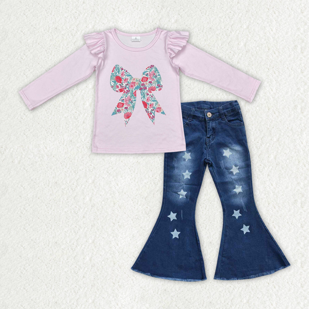 GLP2321 Flowers Pink Bow Top Stars Denim Bell Bottom Jeans Girls Clothes Set