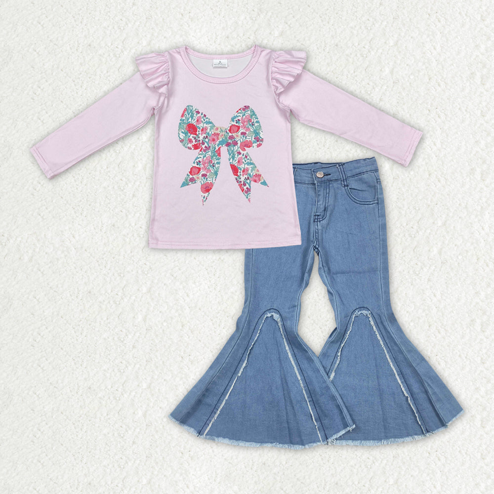 GLP2322 Flowers Pink Bow Top Blue Denim Bell Bottom Jeans Girls Clothes Set