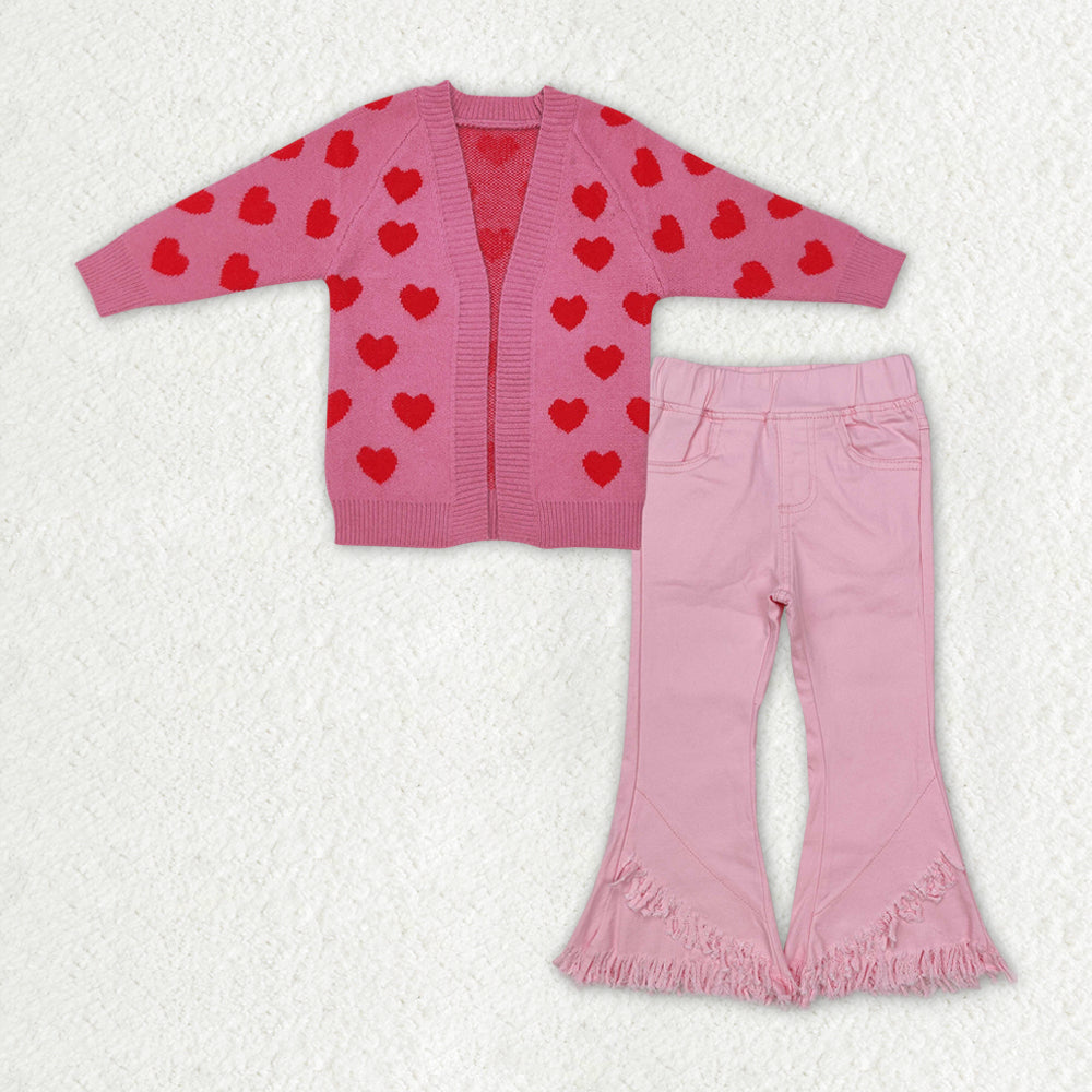 GLP2328 Heart Sweater Cardigan Top Pink Denim Bell Jeans Girls Valentine's Day Clothes Set