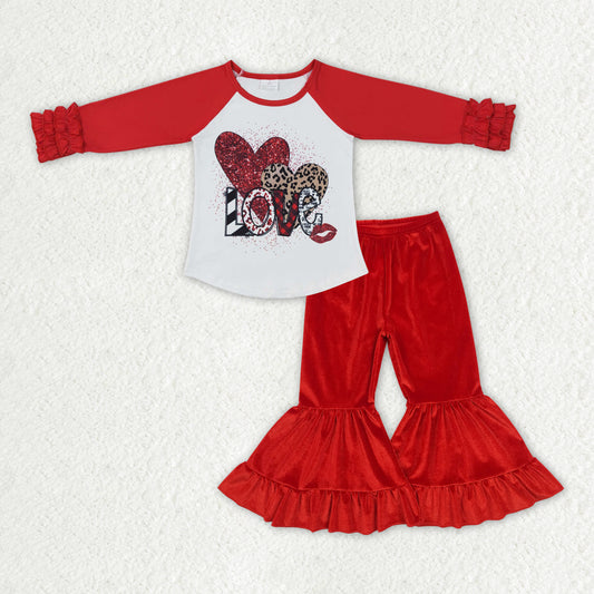 GLP2330 LOVE Heart Top Red Velvet Bell Pants Girls Valentine's Day Clothes Set