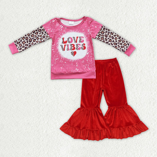 GLP2331 LOVE VIBES Heart Top Red Velvet Bell Pants Girls Valentine's Day Clothes Set