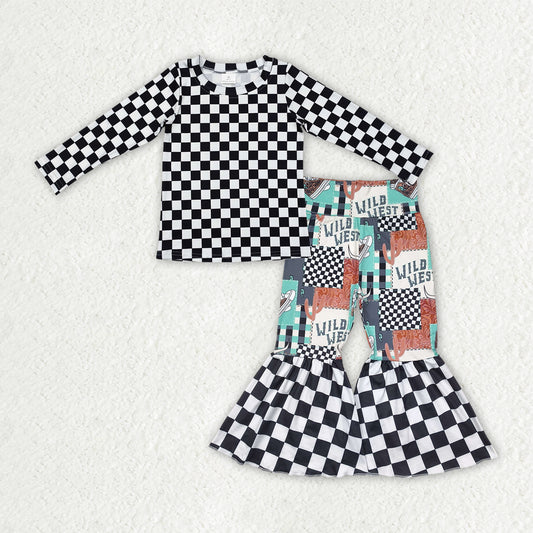 GLP2334 Black Plaid Top WILD WEST Bell Pants Girls Western Clothes Set
