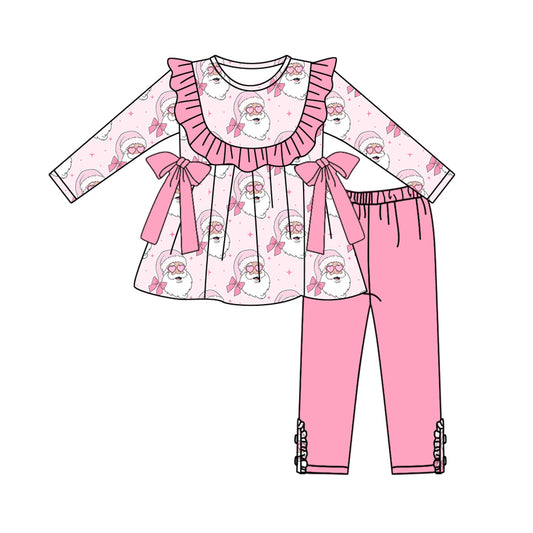(Pre-order)GLP2336 Santa Bows Tunic Top Pink Legging Pants Girls Christmas Clothes Set