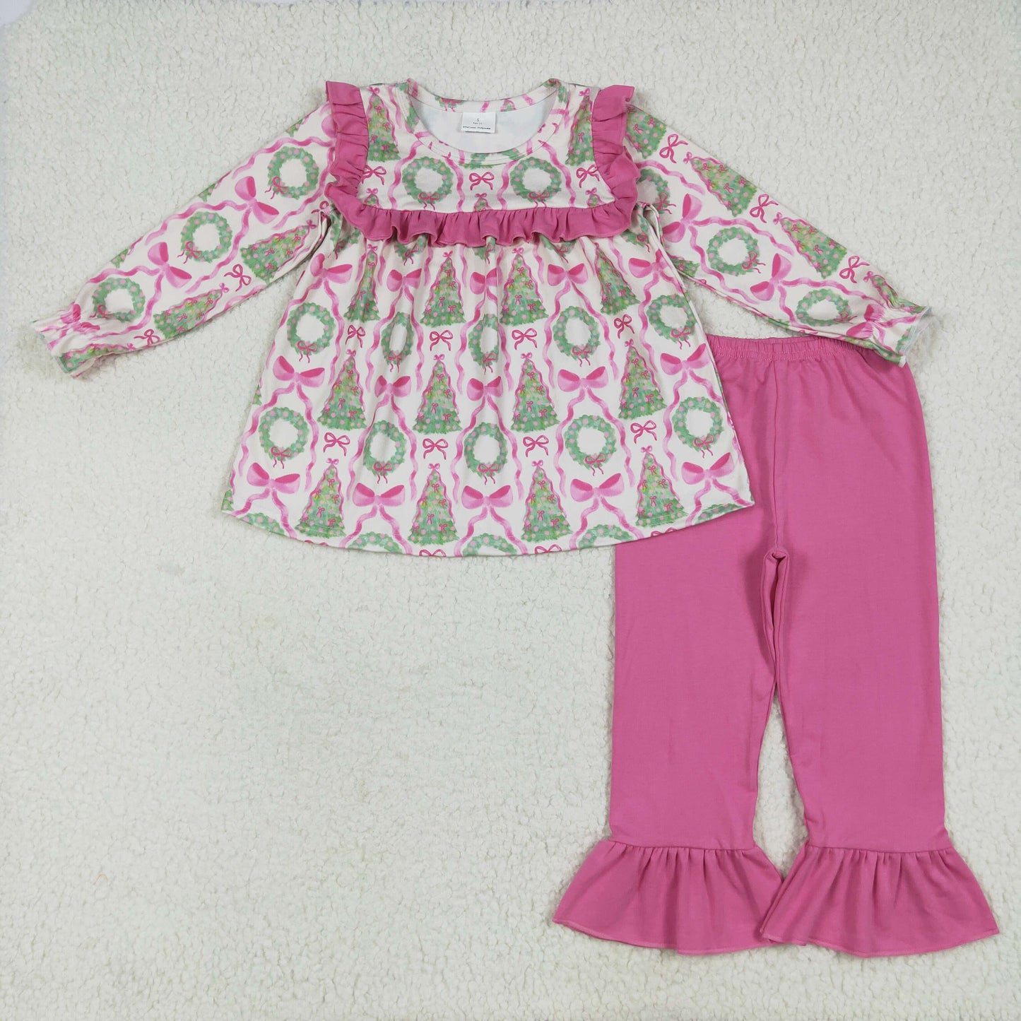 Bows Holly Print Girls Christmas Clothes Sisters Matching Wear