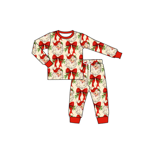 (Pre-order)GLP2340 Santa Bows Holly Print Girls Christmas Pajamas Clothes Set