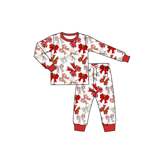 (Pre-order)GLP2341 Red Bows Print Girls Christmas Pajamas Clothes Set