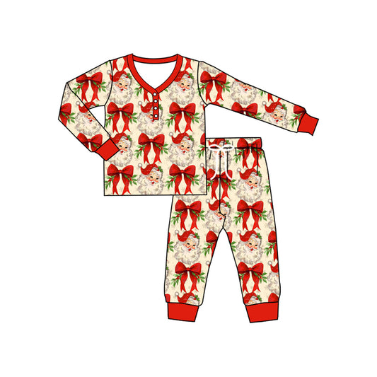 (Pre-order)GLP2342 Adult Santa Bows Holly Print Woman Christmas Pajamas Clothes Set