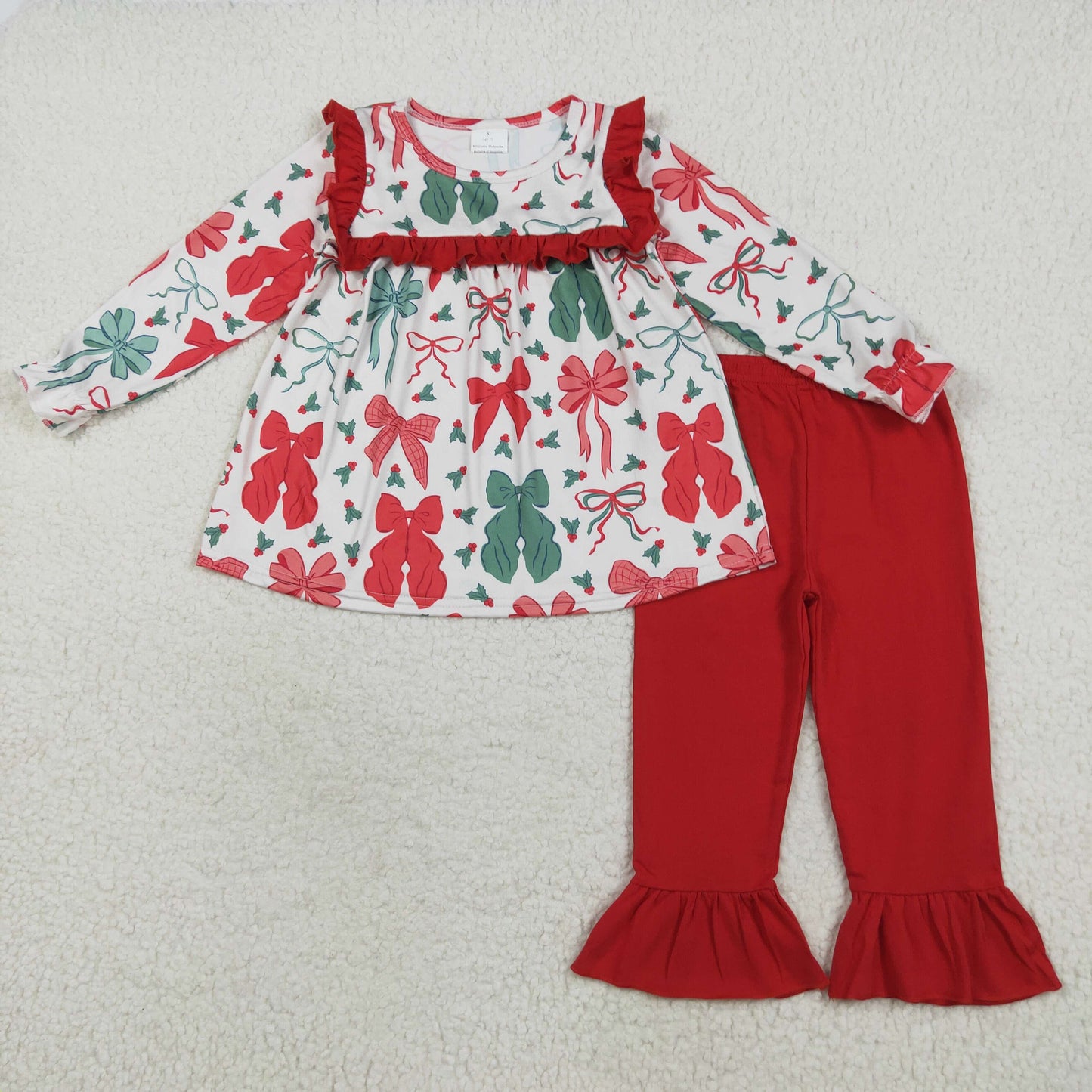 Red Green Bows Holly Print Girls Christmas Clothes Sisters Matching Wear