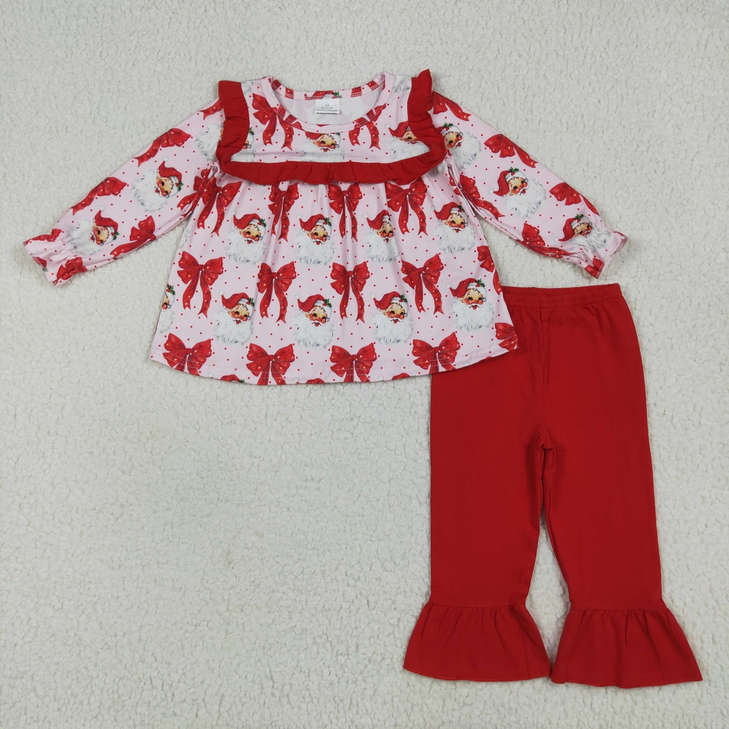 Santa Red Bows Print Girls Christmas Clothes Sisters Matching Wear