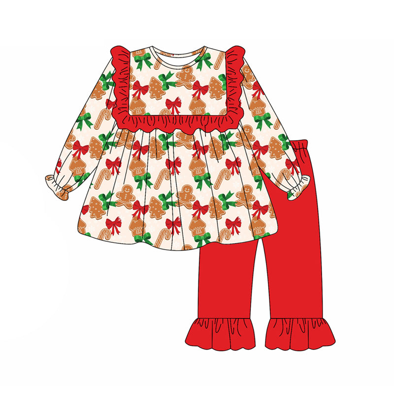 (Pre-order)GLP2350 Gingerbread Bows Tunic Top Red Pants Girls Christmas Clothes Set