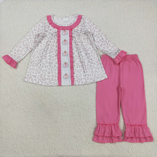 GLP2353 Pumpkin Embroidery Leopard Tunic Top Pink Pants Girls Fall Clothes Set