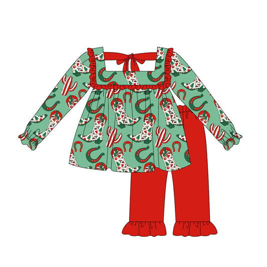 (Pre-order)GLP2355 Boots Holly Tunic Top Red Pants Girls Western Christmas Clothes Set