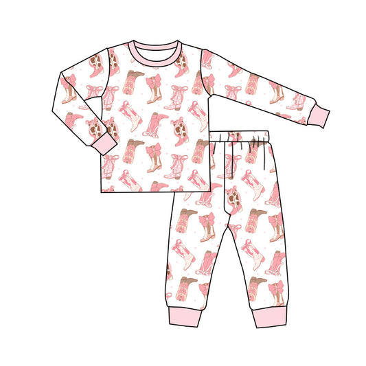 (Pre-order)GLP2358 Boots Bows Pink Print Girls Western Pajamas Clothes Set