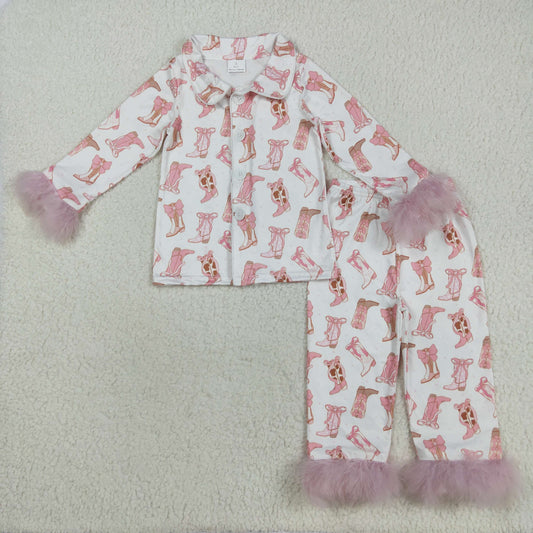 GLP2359 Boots Bows Pink Print Girls Western Buttons Fur Pajamas Clothes Set