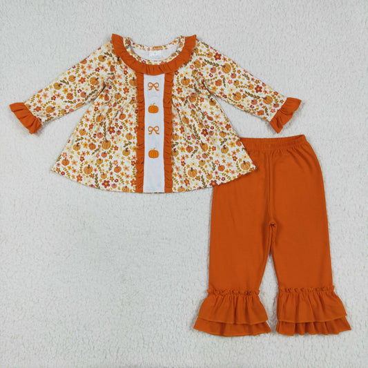 GLP2361 Pumpkin Bows Embroidery Flowers Tunic Top Orange Pants Girls Fall Clothes Set