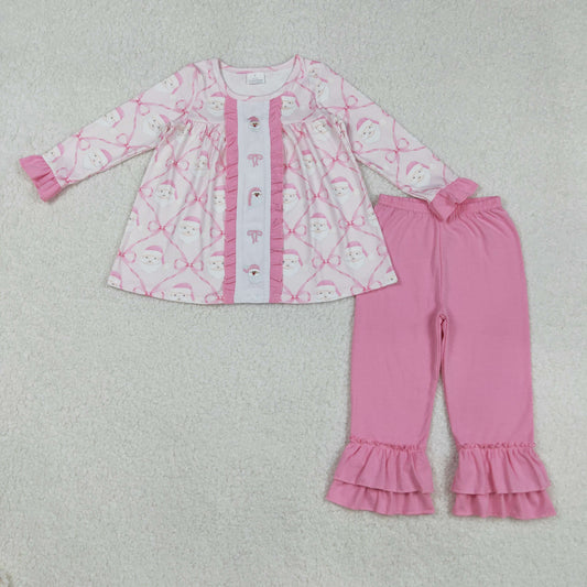 GLP2364 Santa Bows Embroidery Tunic Top Pink Pants Girls Christmas Clothes Set