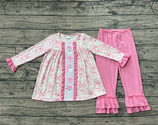 (Pre-order)GLP2364 Santa Bows Tunic Top Pink Pants Girls Christmas Clothes Set