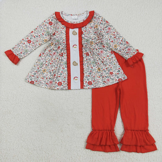 GLP2365 Santa Cookie Embroidery Flowers Tunic Top Red Pants Girls Christmas Clothes Set