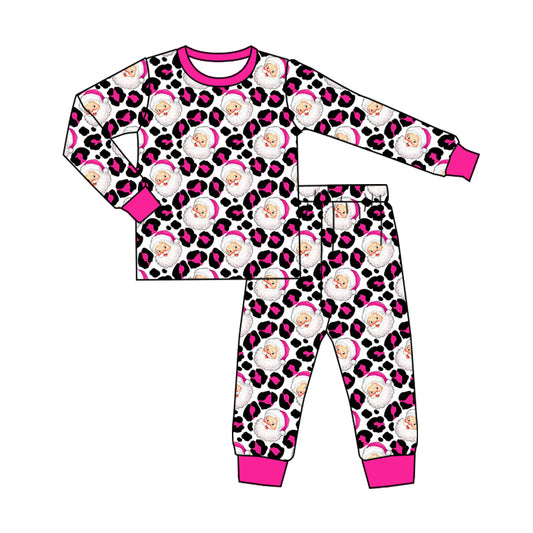 (Pre-order)GLP2366 Santa Pink Leopard Print Girls Christmas Pajamas Clothes Set