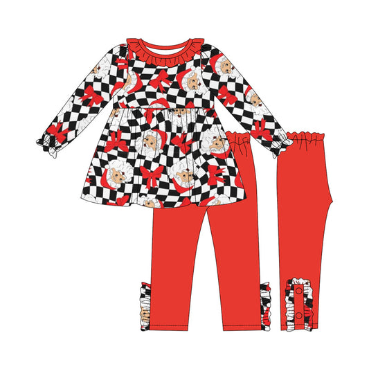 (Pre-order)GLP2368 Santa Plaid Tunic Top Red Pants Girls Christmas Clothes Set