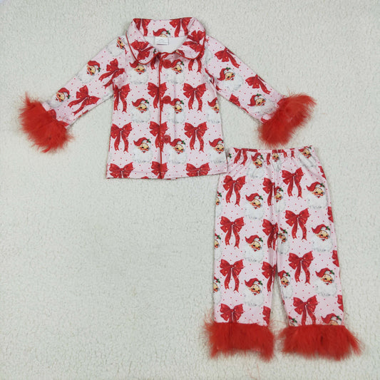 GLP2373 Santa Red Bows Print Girls Christmas Buttons Fur Pajamas Clothes Set