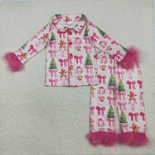 GLP2375 Tree Gingerbread Santa Bows Print Girls Christmas Buttons Fur Pajamas Clothes Set