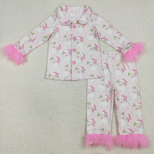GLP2376 Santa Holly Pink Print Girls Christmas Buttons Fur Pajamas Clothes Set