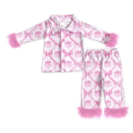 (Pre-order)GLP2377 Pumpkin Bows Pink Print Girls Fall Buttons Fur Pajamas Clothes Set