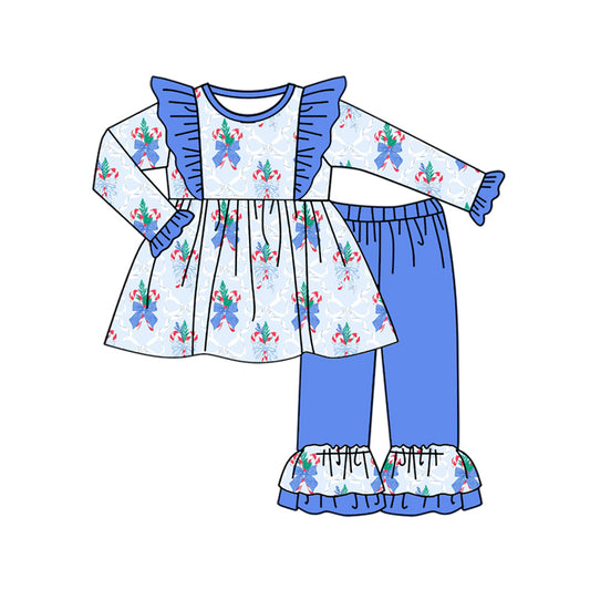 (Pre-order)GLP2378 Candy Cane Bows Tunic Top Blue Pants Girls Christmas Clothes Set