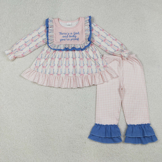 GLP2379 There's a God Flowers Tunic Top Plaid Pants Girls Fall Clothes Set