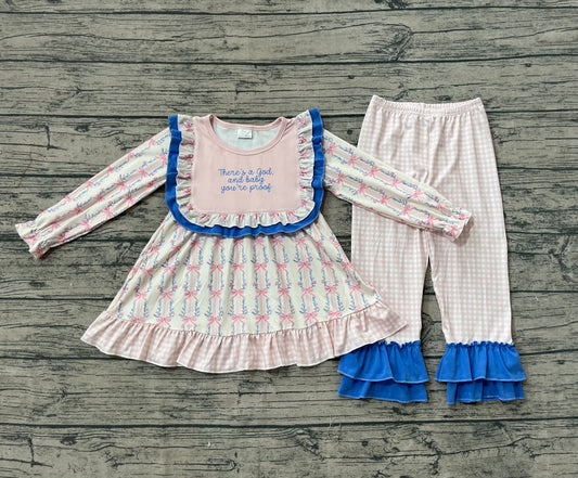 (Pre-order)GLP2379 There's a God Flowers Tunic Top Plaid Pants Girls Fall Clothes Set