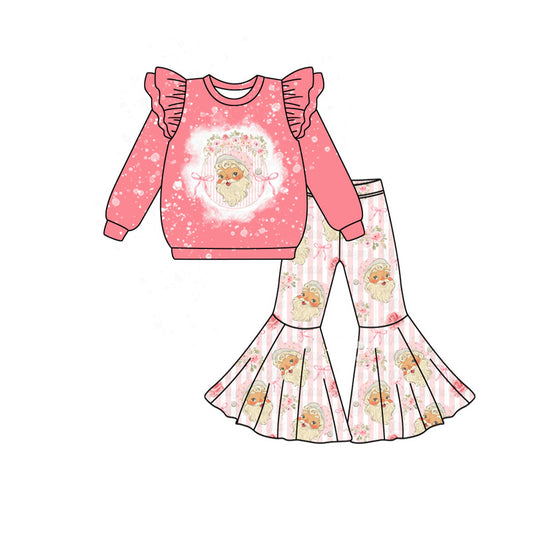 (Pre-order)GLP2380 Santa Top Flowers Bows Bell Pants Girls Christmas Clothes Set